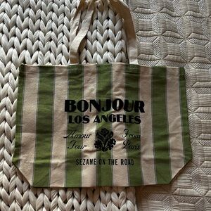 Sezane Green and Tan Striped Tote Bag